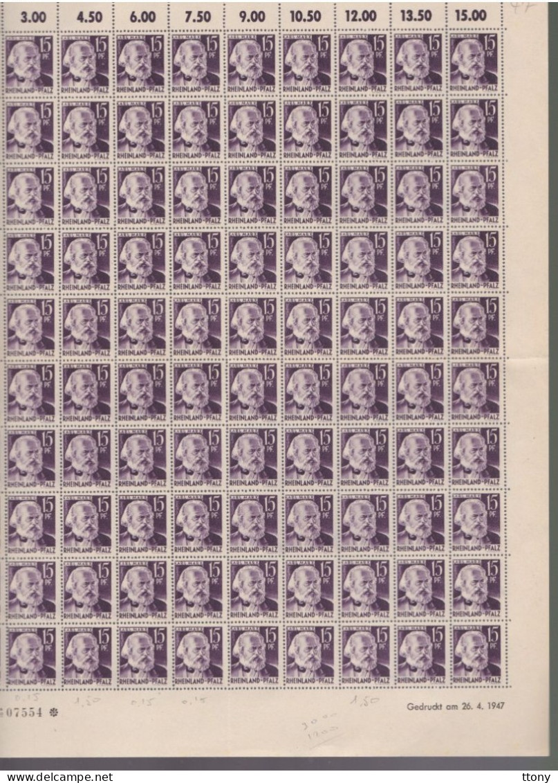 100   Timbres **  Rheinland Pfalz 15pf  Karl Marx  Coin Daté  1947 Feuille Entière Zone Française - Rhine-Palatinate