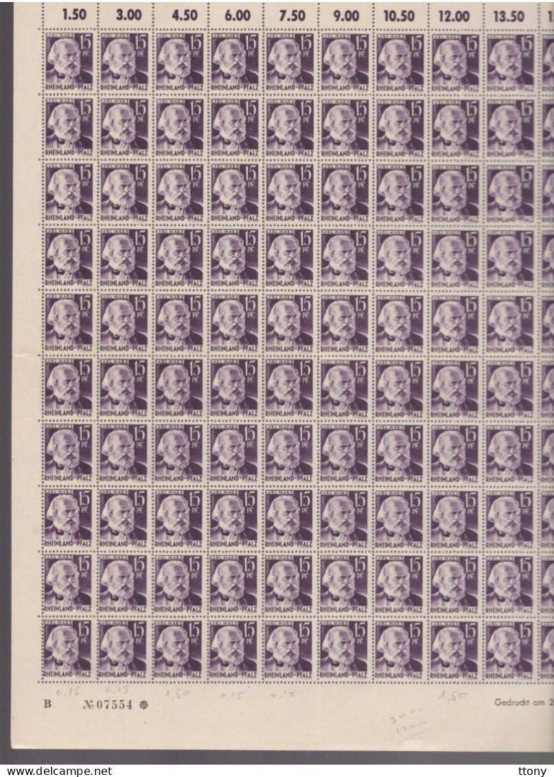 100   Timbres **  Rheinland Pfalz 15pf  Karl Marx  Coin Daté  1947 Feuille Entière Zone Française - Rheinland-Pfalz