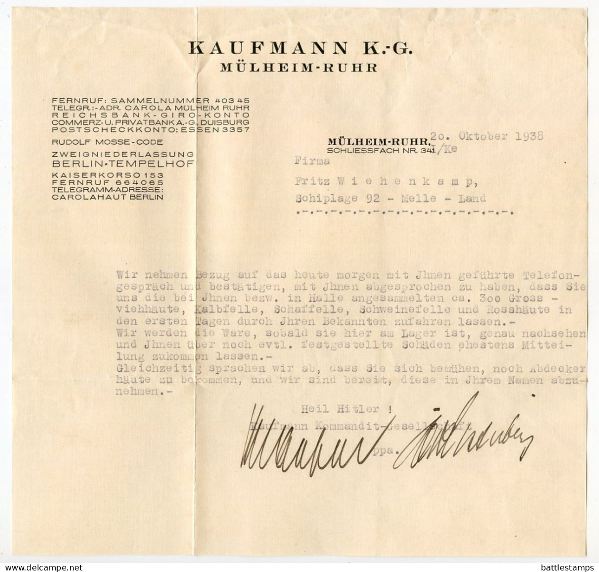 Germany 1938 Cover & Letter; Mülheim (Ruhr) - Kaufamnn K.-G. To Schiplage; 12pf. Hindenburg; Pictorial Postmark - Lettres & Documents