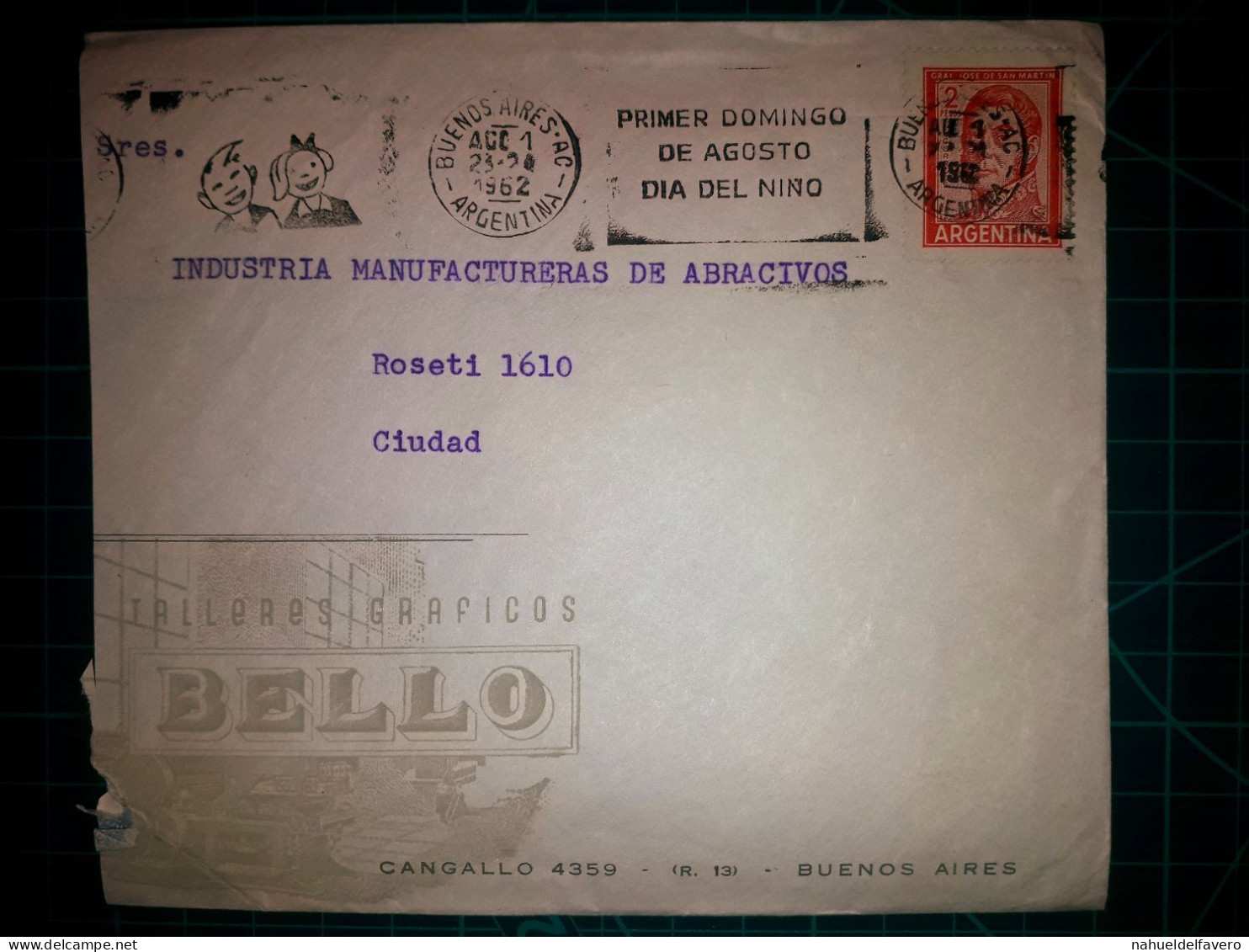 ARGENTINE, Enveloppe Appartenant à "BELLO, Talleres Graficos" Circulant Avec Une Banderole Parlante Du "Premier Dimanche - Used Stamps