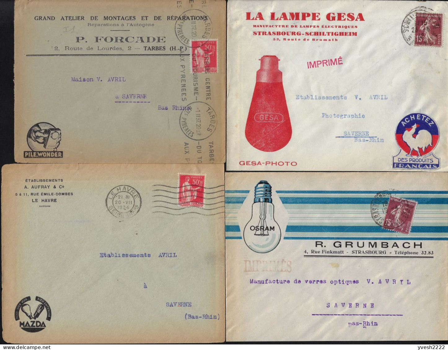 France Années 1920-1930. 7 Enveloppes Illustrées. Lampes électriques, Phares, Projecteurs, Générateurs, Ampoules, Piles. - Electricité