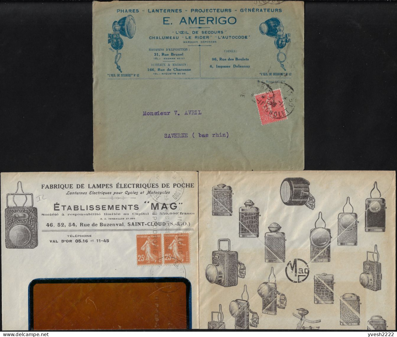 France Années 1920-1930. 7 Enveloppes Illustrées. Lampes électriques, Phares, Projecteurs, Générateurs, Ampoules, Piles. - Electricité