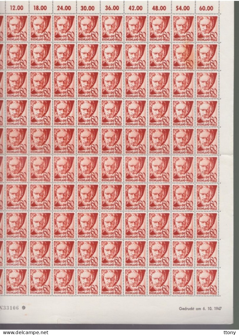 200   Timbres **  Rheinland Pfalz  60 Pf Et 2 Pf  Beethoven  Feuille Entière Coin Daté 1947 - Rheinland-Pfalz