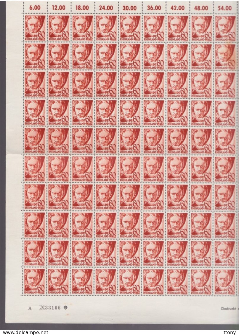 200   Timbres **  Rheinland Pfalz  60 Pf Et 2 Pf  Beethoven  Feuille Entière Coin Daté 1947 - Rhine-Palatinate