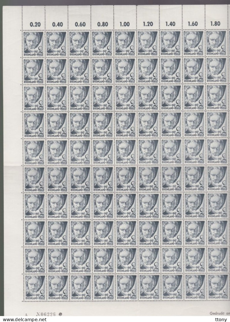 200   Timbres **  Rheinland Pfalz  60 Pf Et 2 Pf  Beethoven  Feuille Entière Coin Daté 1947 - Rheinland-Pfalz