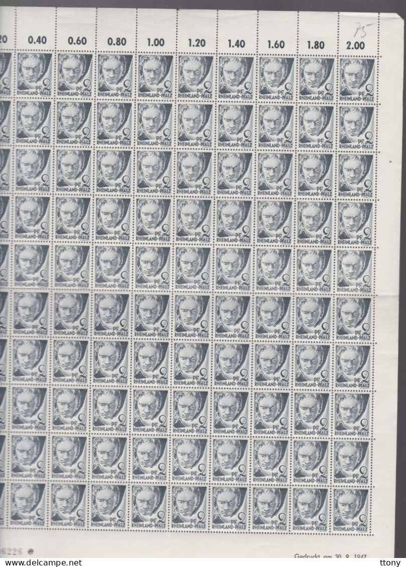 200   Timbres **  Rheinland Pfalz  60 Pf Et 2 Pf  Beethoven  Feuille Entière Coin Daté 1947 - Rijnland-Palts