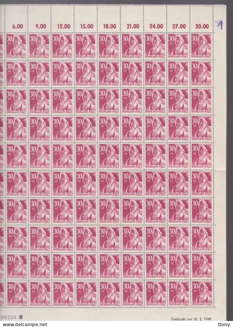 100   Timbres **  Rheinland Pfalz  30 Pf  Coin Daté 1948  Gutenberg  Allemagne    Occupation Alliée   Zone Française - Rijnland-Palts