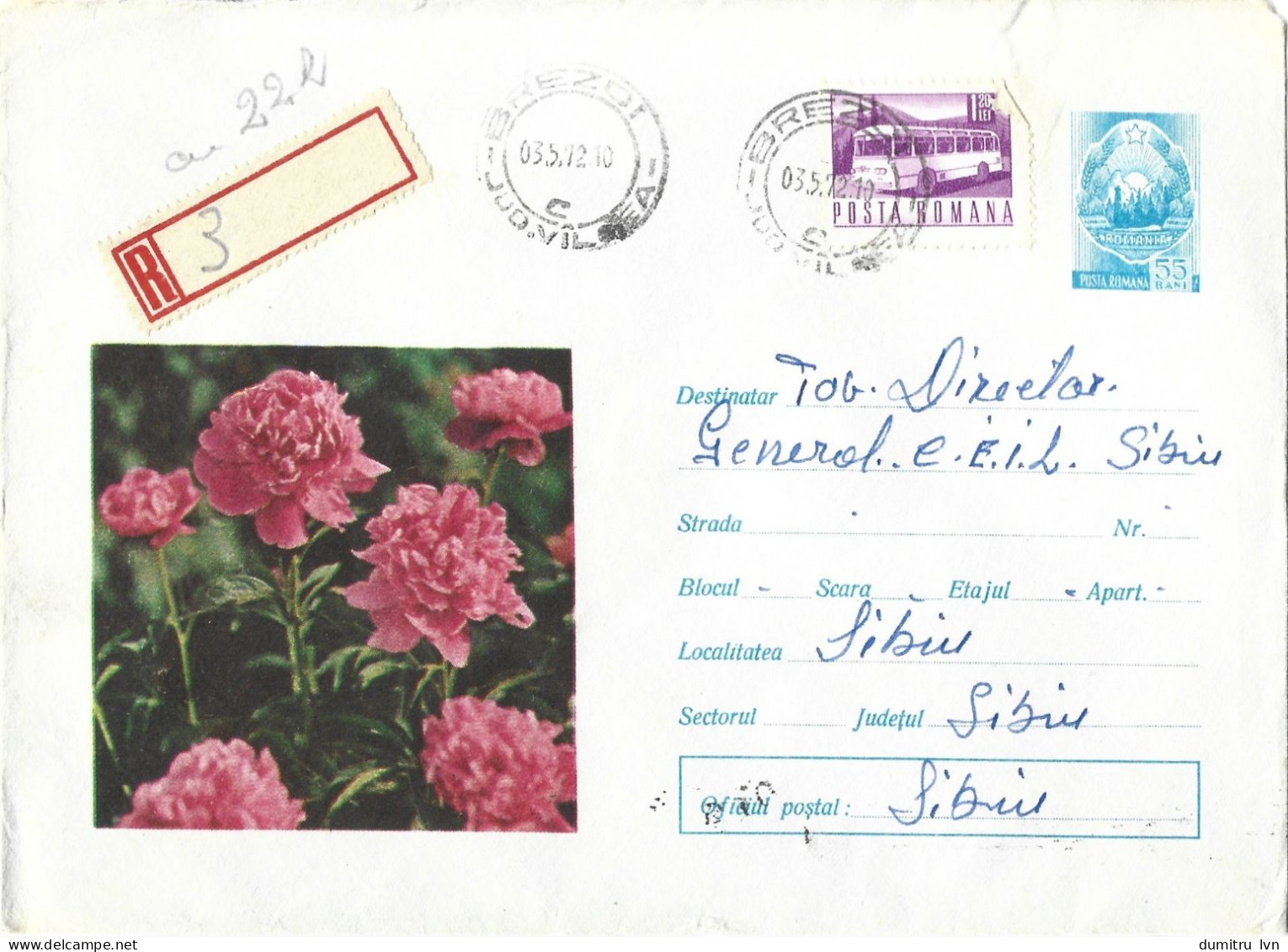 ROMANIA 1972 PEONY, CIRCULATED ENVELOPE, COVER STATIONERY - Ganzsachen