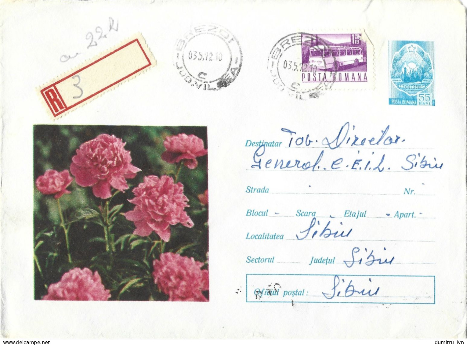 ROMANIA 1972 PEONY, CIRCULATED ENVELOPE, COVER STATIONERY - Postwaardestukken