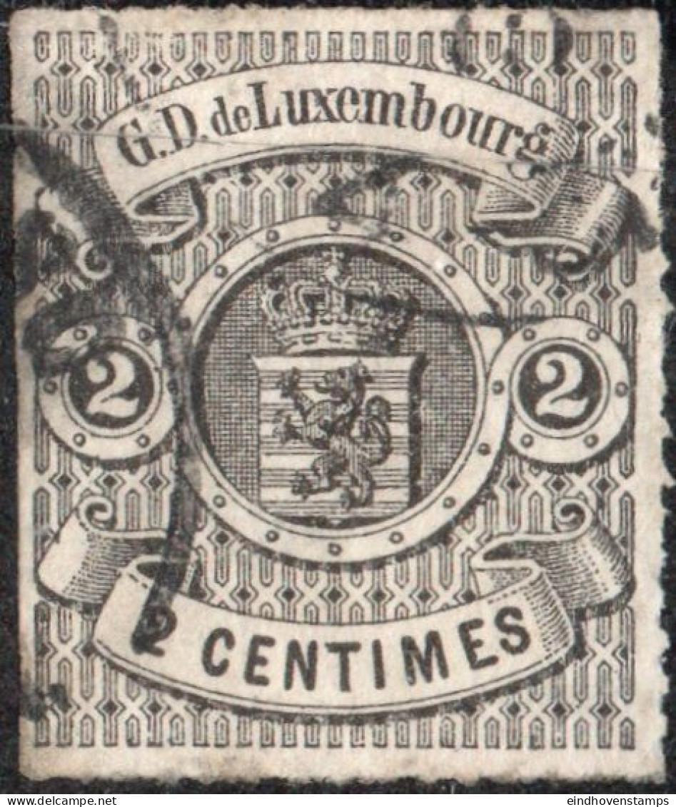 Luxemburg 1865 2 C Black Uncoloured Line Perforation Cancelled - 1859-1880 Coat Of Arms