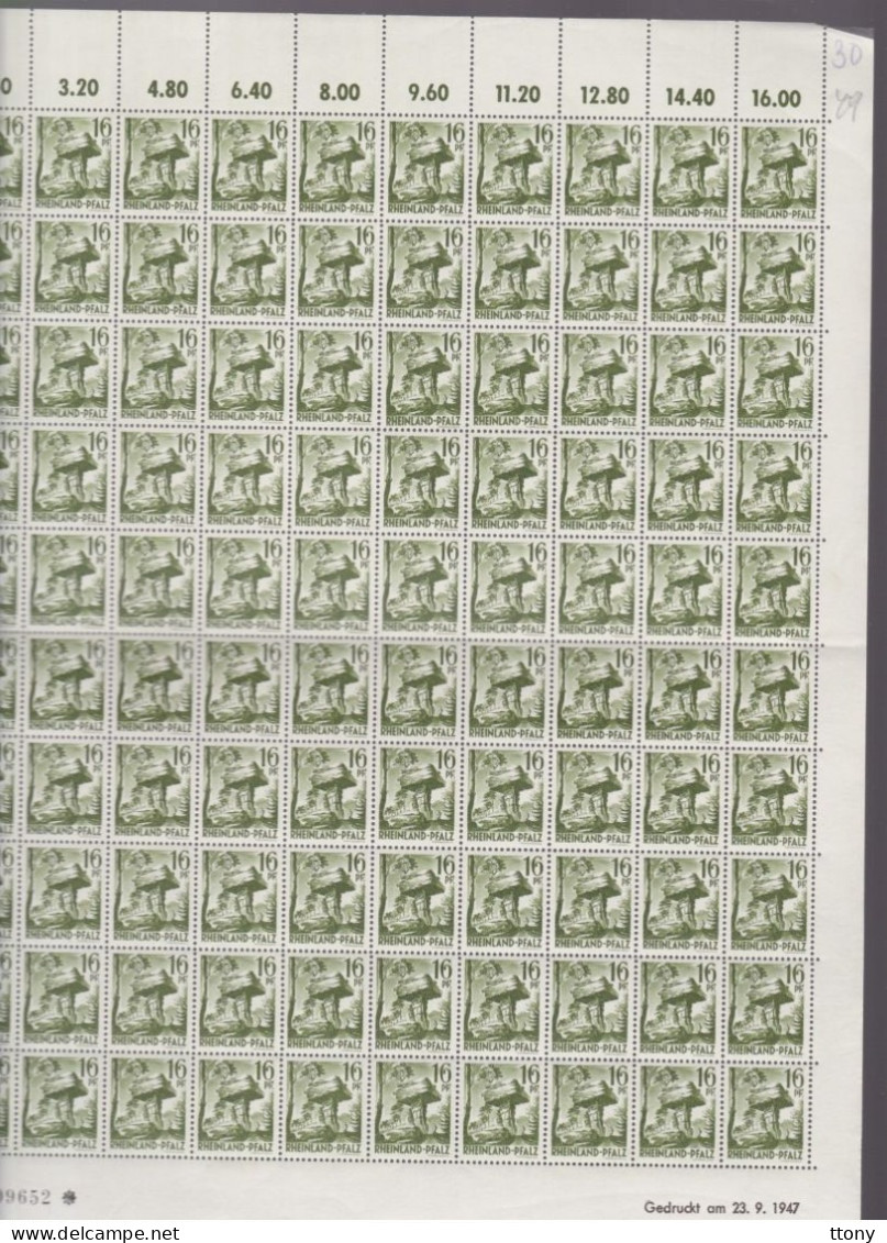 100   Timbres **  Rheinland Pfalz 16  Pf Coin Daté  1947 Feuille Entière Zone Française   Rhénanie-Palatinat - Rhénanie-Palatinat