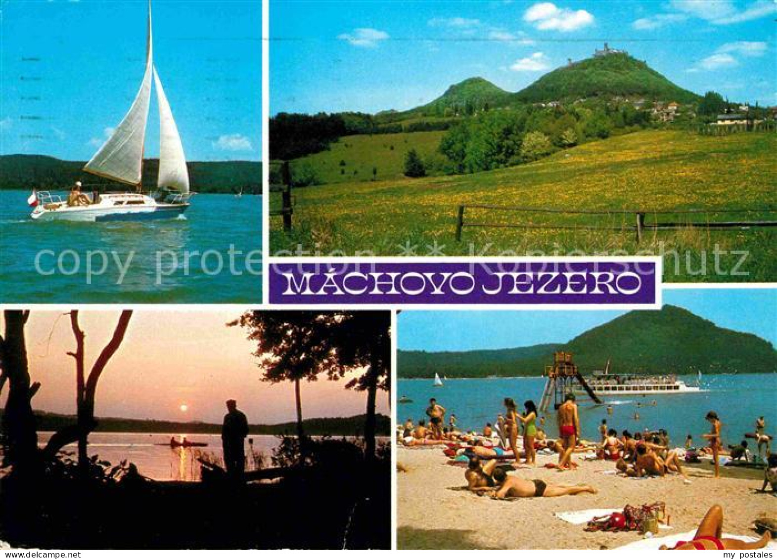 72699943 Machovo Jezero See Badestrand Ausflugsboot Segelboot Abendstimmung Land - Tchéquie