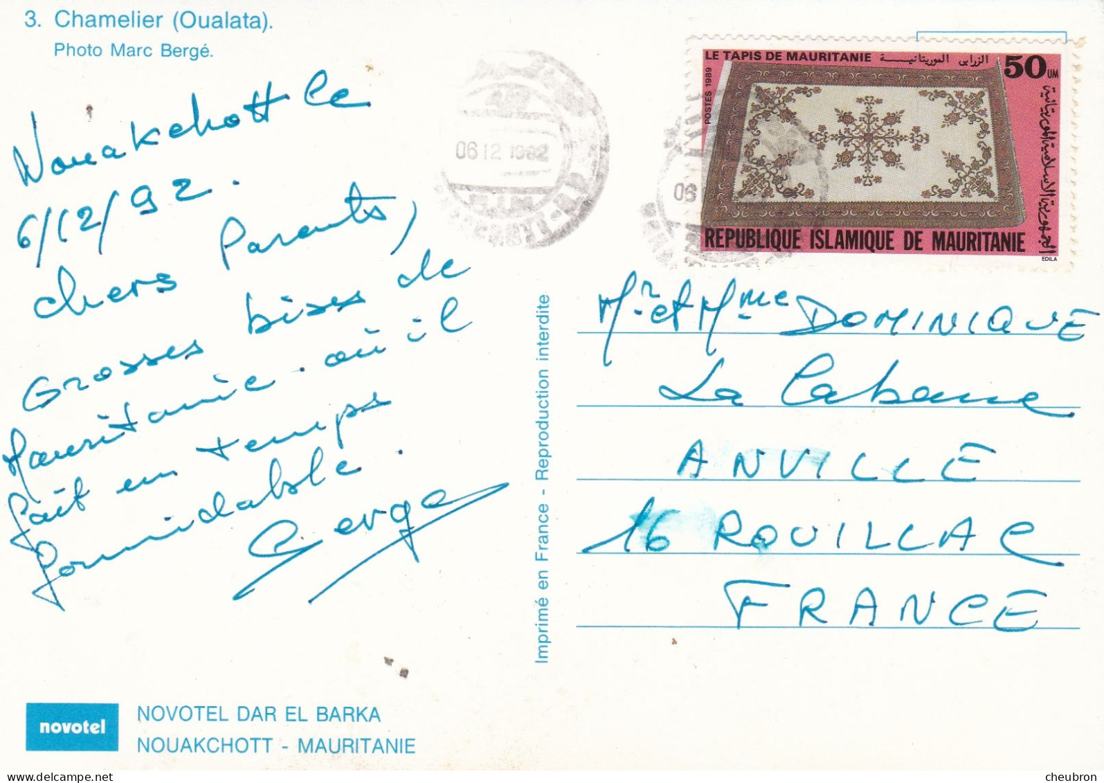 MAURITANIE. NOUAKCHOTT ( ENVOYE DE) ".OUALATA. CHAMELIER ".ANNEE 1992 +TEXTE + TIMBRE. - Mauretanien