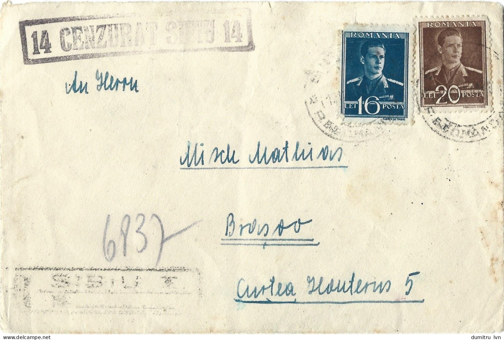 ROMANIA 1943 CENSORED SIBIU 14, CIRCULATED ENVELOPE FROM SIBIU TO BRASOV, COVER STATIONERY - Enteros Postales