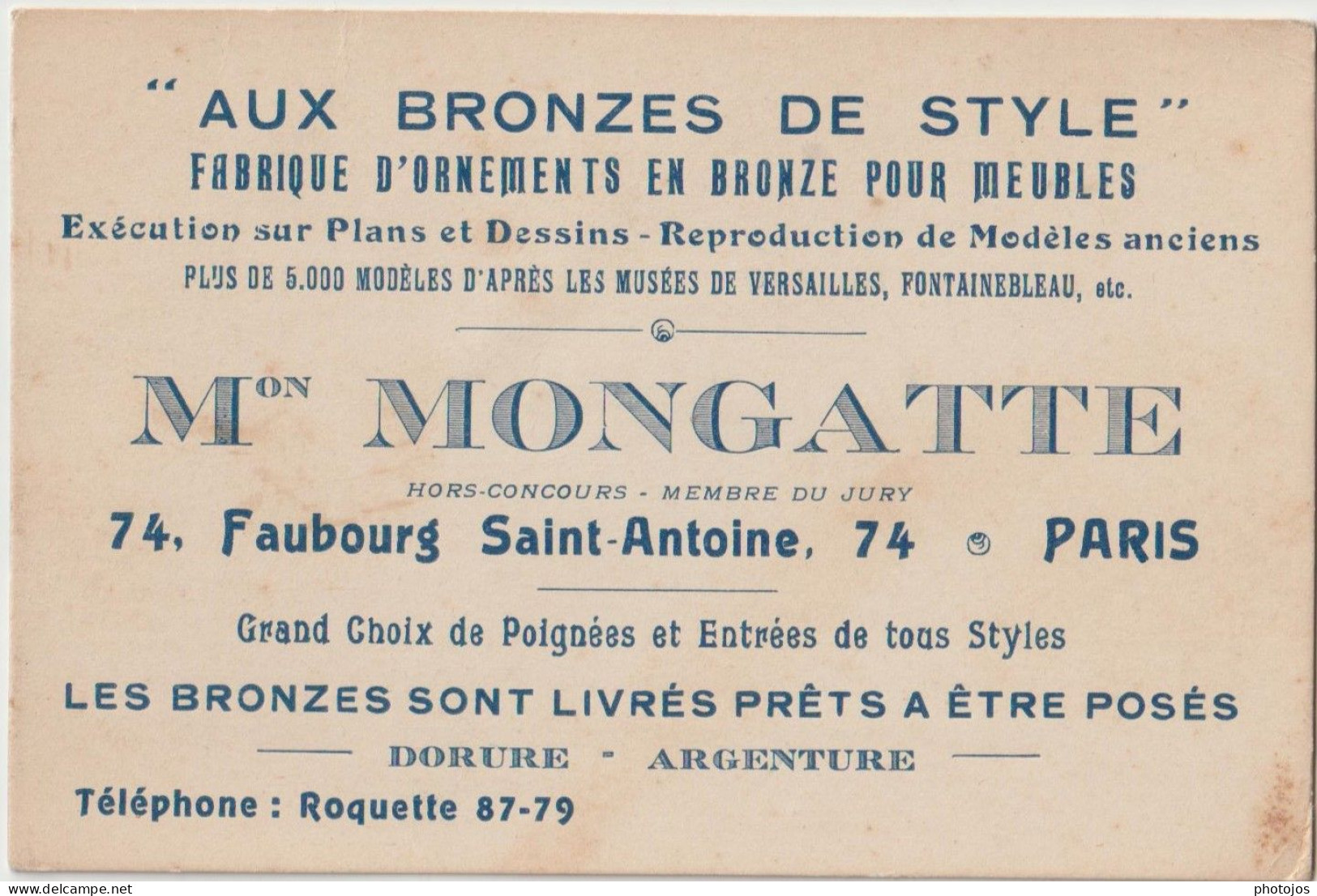 Carte Commerciale Paris Faubourg St Antoine  (75) Maison Mongatte Fabrique De Bronzes Pour Meubles - Publicités