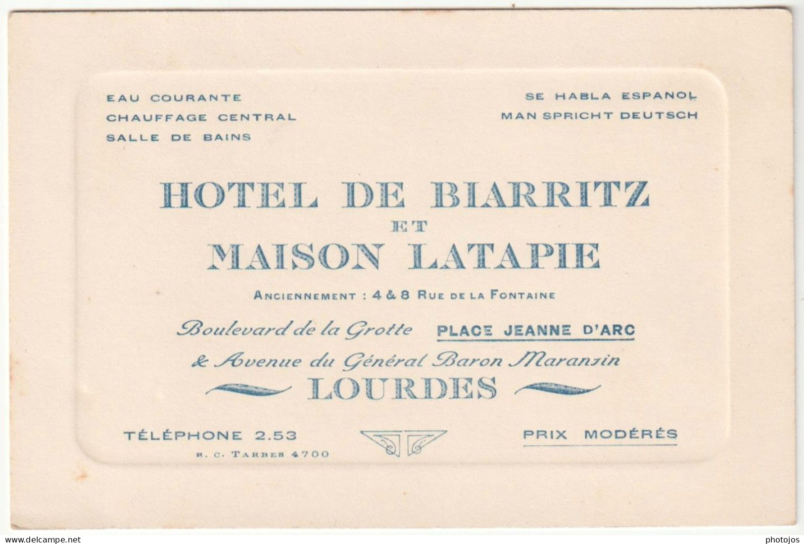 Carte Commerciale Hôtel De Biarritz Et Maison Latapie   Lourdes  (64) - Publicités