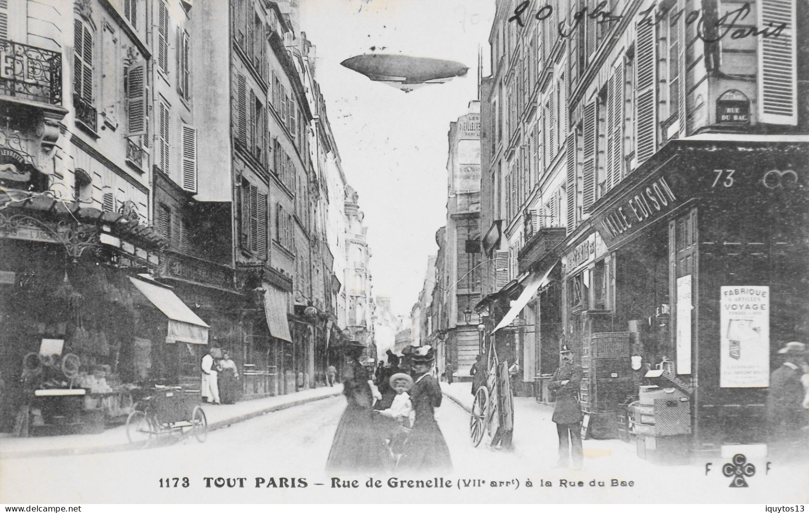 CPA. [75] > TOUT PARIS > N°1173 - Rue De Grenelle à La Rue Du Bac Avec Un Dirigeable (VIIe Arrt.) 1910  Coll. F. Fleury - Arrondissement: 07