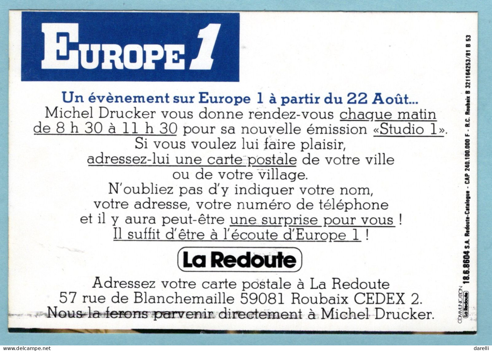 Carte Publicitaire Europe1 Dédicacée Par Michel Ducker - Other & Unclassified