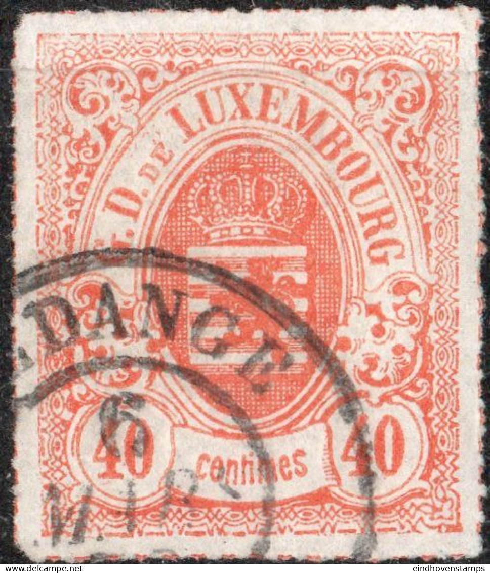 Luxemburg 1865 40 C Orange Coloured Line Perforation Cancel Rodange - 1859-1880 Coat Of Arms