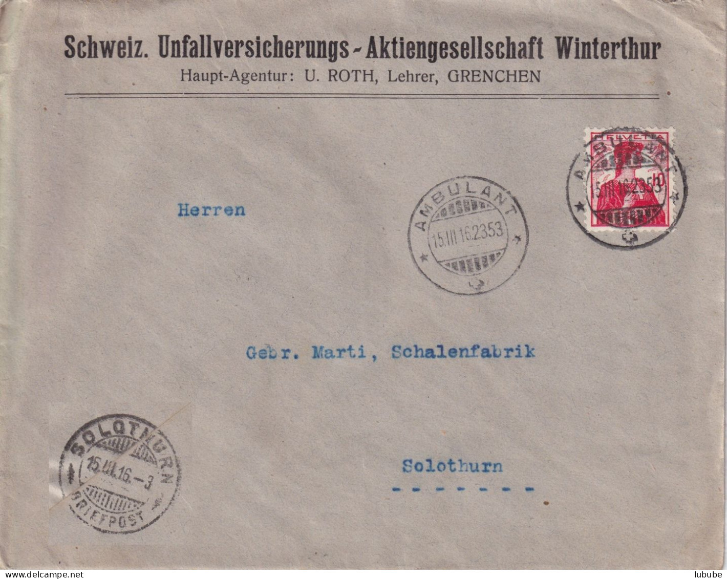 Motiv Brief  "Schweiz.Unfallversicherungs-AG, Winterthur/Grenchen"        1916 - Brieven En Documenten