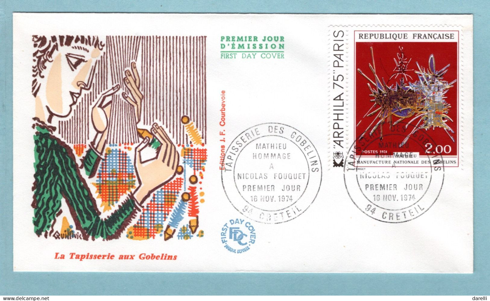 FDC France 1974 - Arphila 75 Paris - Georges Mathieu Manufacture Nationale Des Gobelins YT 1813 - Créteil - 1970-1979