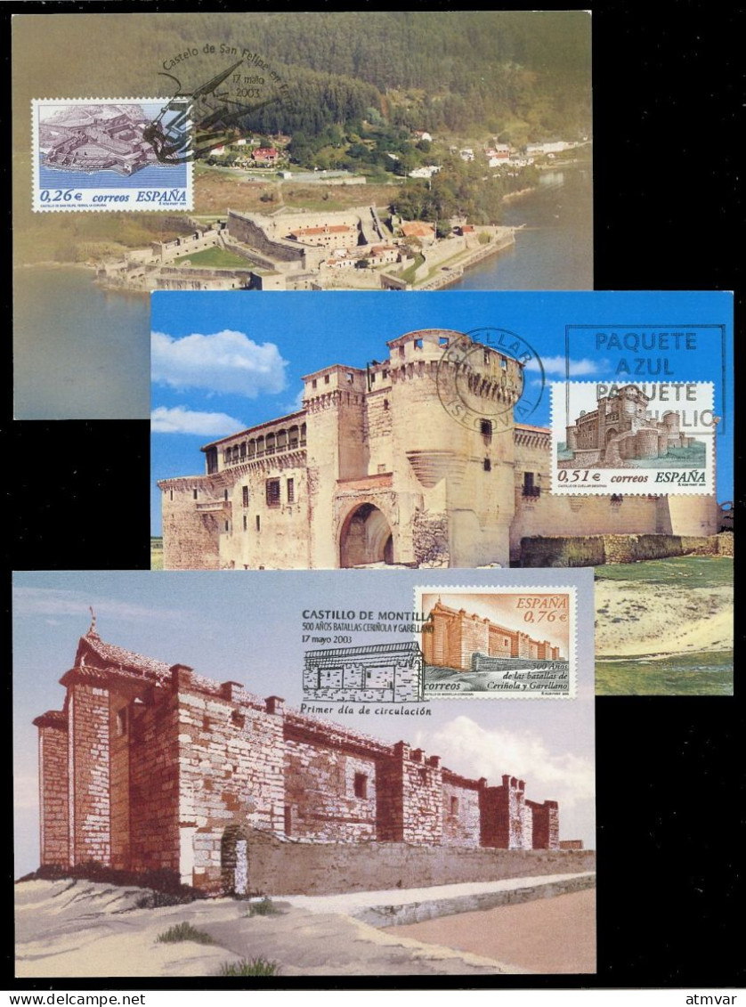 ESPAÑA (2003) Carte S Maximum Card S - Castillos, Château, Castle, Castelo San Felipe, Cuéllar, Montilla, Burg - Cartes Maximum