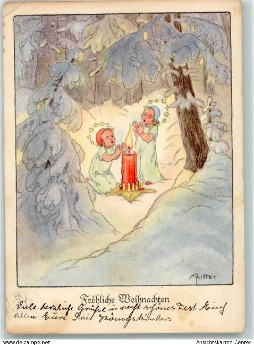 39738509 - Sign. Ritter Zwei Kinder Beten An Einer Kerze Im Winterlichen Wald Kuenstlerkarte - Sonstige & Ohne Zuordnung