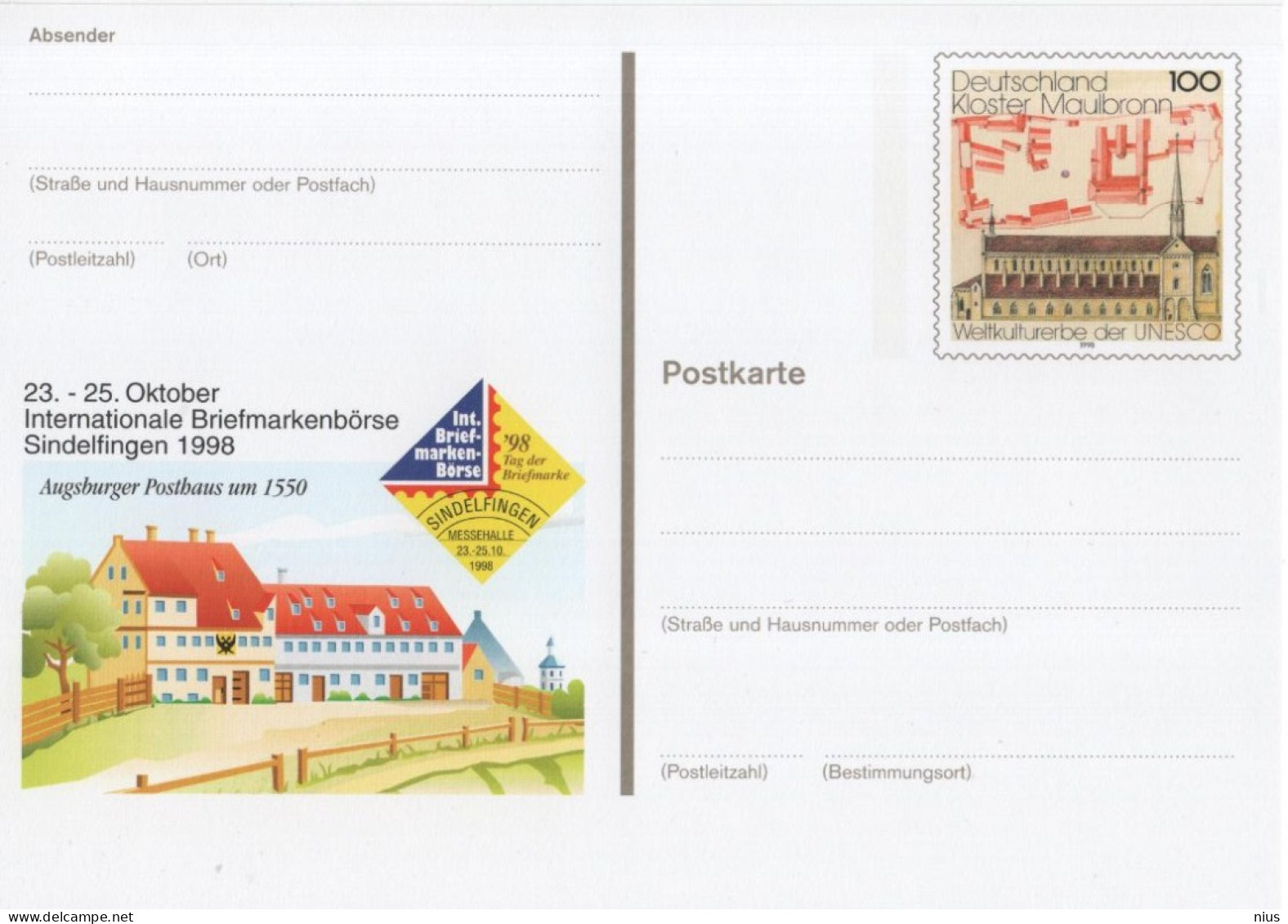 Germany Deutschland 1998 Kloster Maulbronn, Briefmarkenborse Sindelfingen - Postkaarten - Ongebruikt