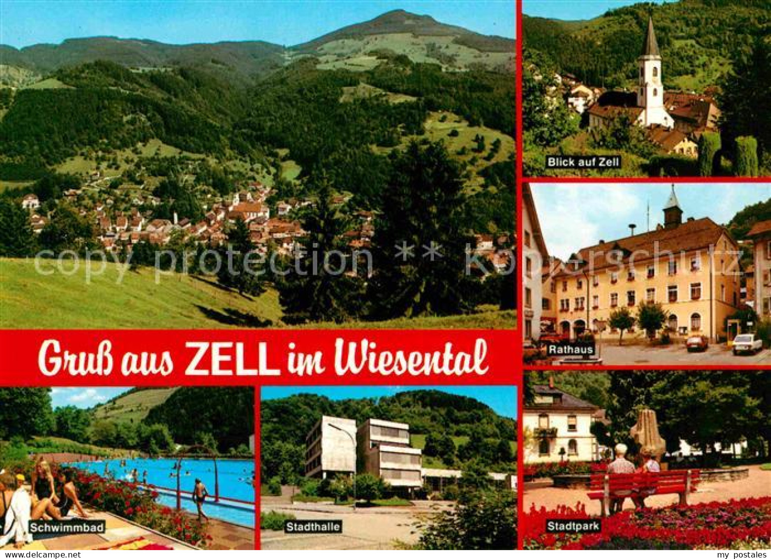 72698384 Zell Wiesental Panorama Kirche Rathaus Schwimmbad Stadthalle Stadtpark  - Sonstige & Ohne Zuordnung