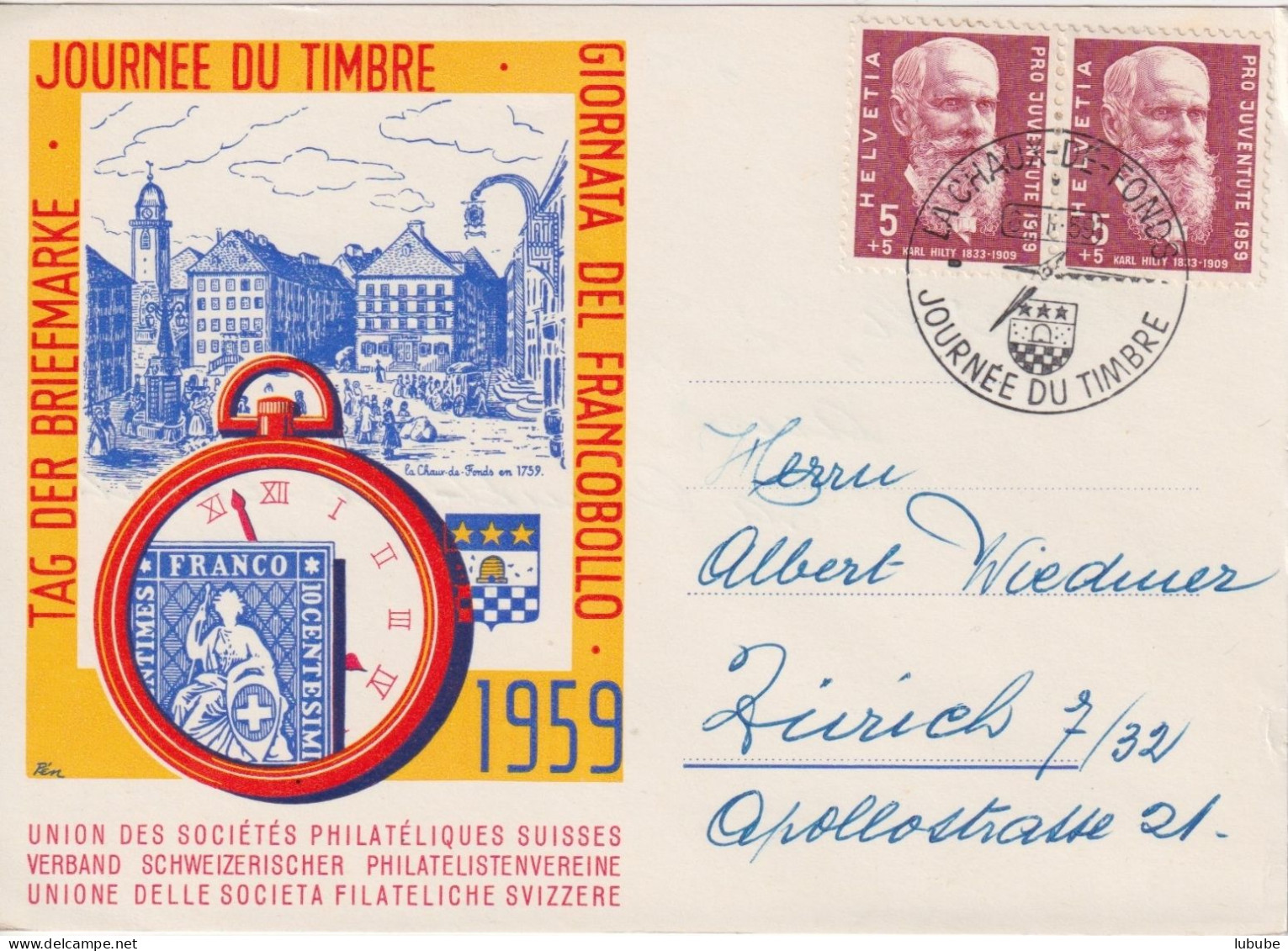 Sonderkarte  "Journée Du Timbre, La Chaux-de-Fonds"         1959 - Covers & Documents