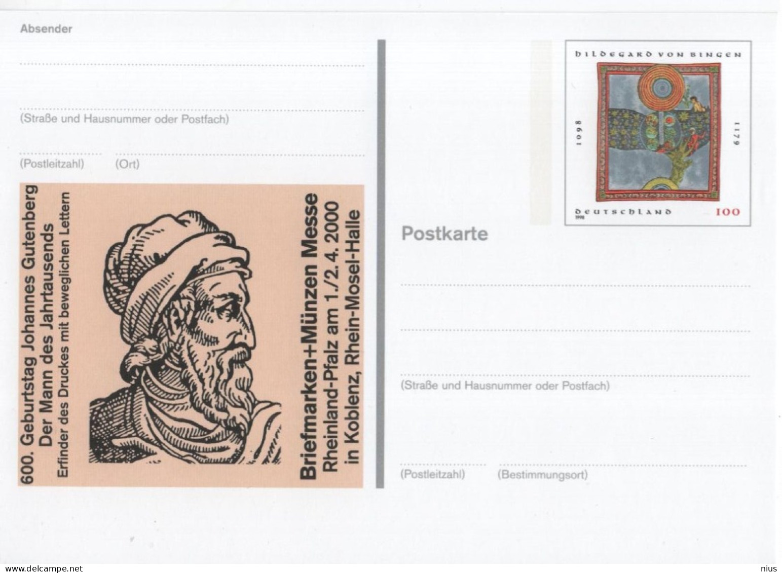 Germany Deutschland 2000 Koblenz Messe, Hildegard Von Bingen, Inventor Of Movable-type Printing Press Johannes Gutenberg - Cartes Postales - Neuves