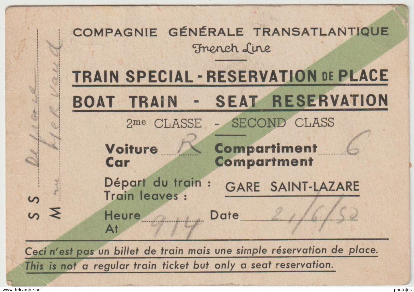 Carte De Réservation De  Place Train Spécial  Compagnie Générale Transatlantique  1950  Gare Saint Lazare 75 - Autres & Non Classés