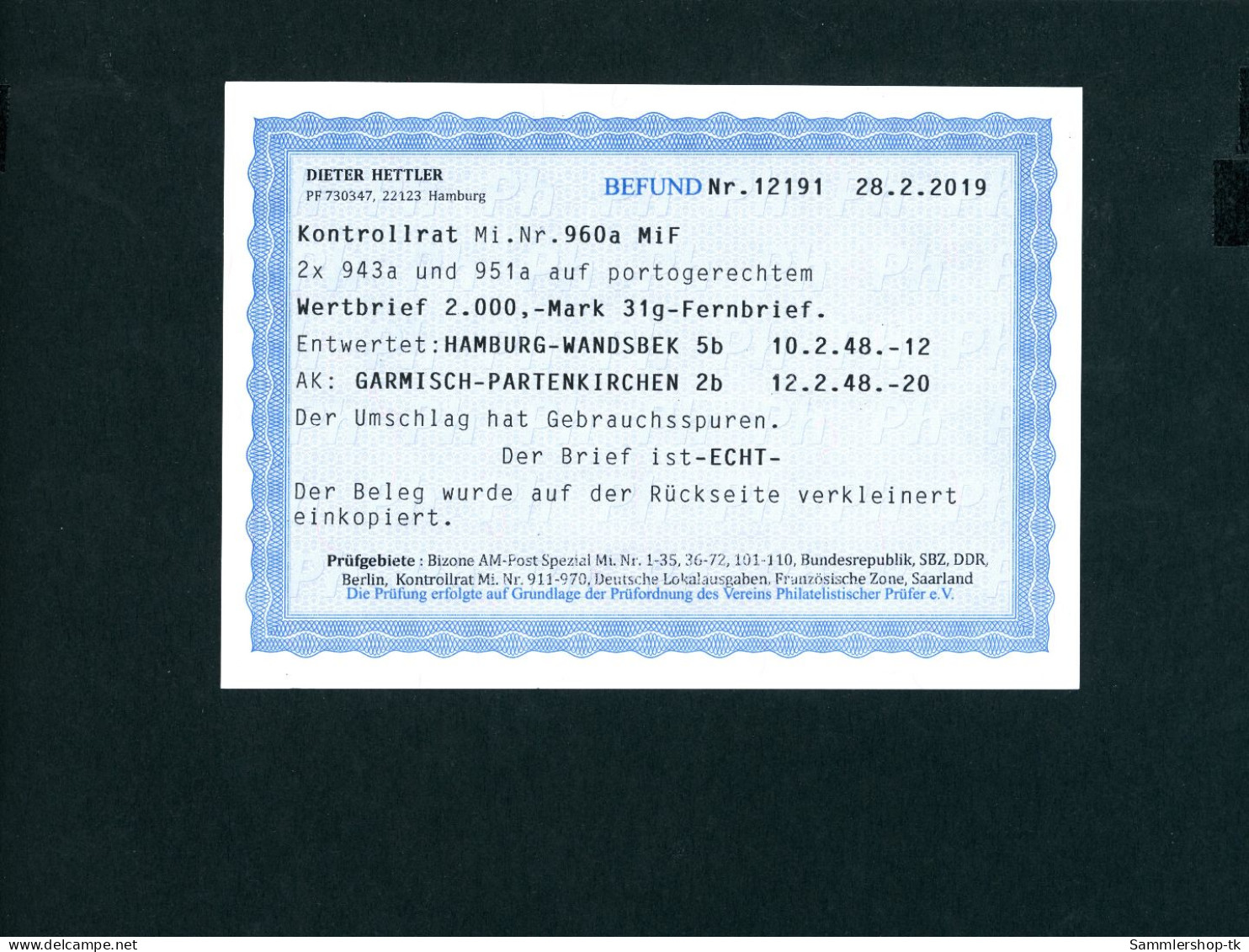 Alliierte Besetzung Kontrollrat 960a 943a + 951a MiFr. Wertbrief HamburgBefund - Sonstige & Ohne Zuordnung