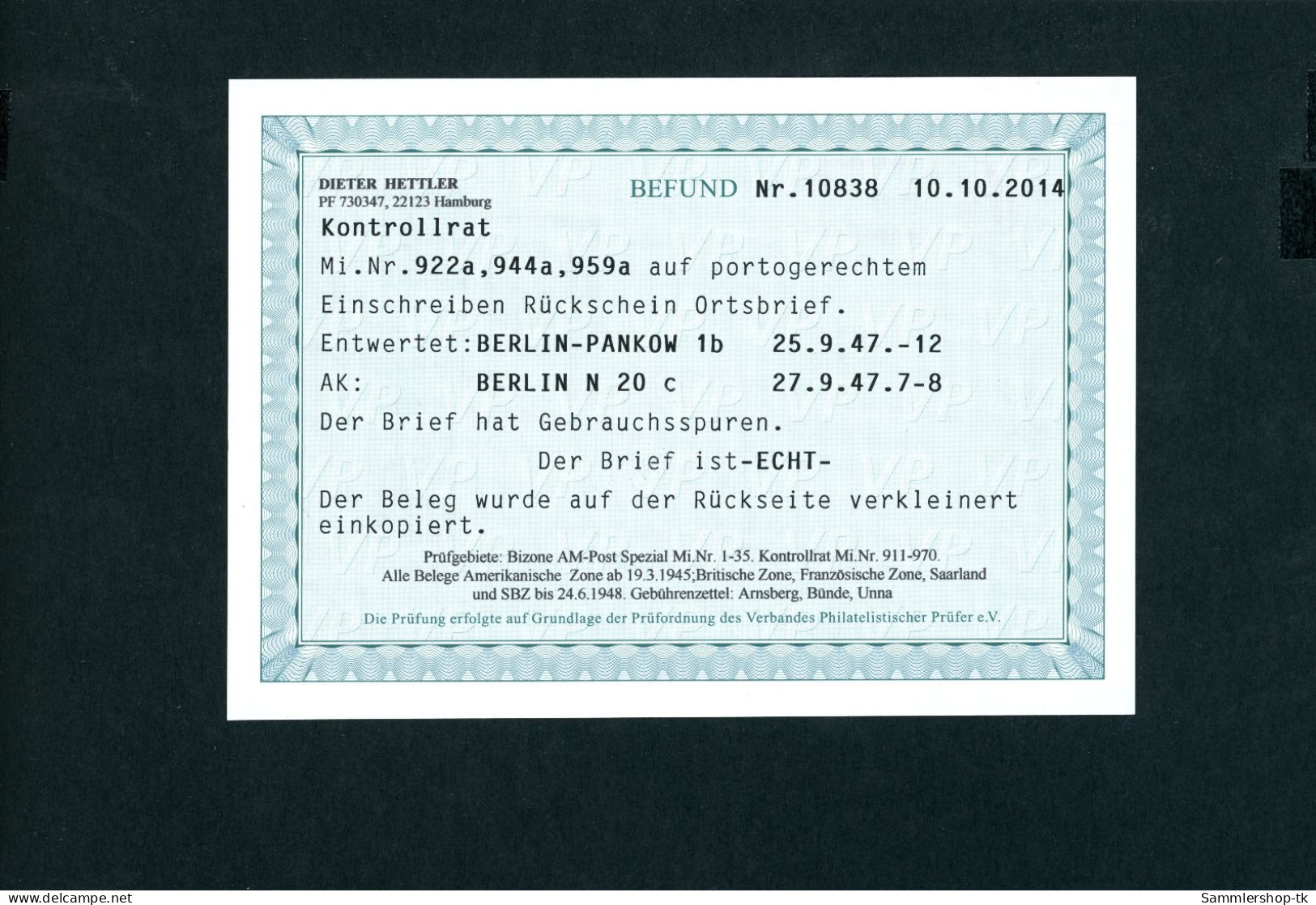 Alliierte Besetzung Kontrollrat 922a , 944a,959a MiFr Einschreiben Berlin Befund - Sonstige & Ohne Zuordnung