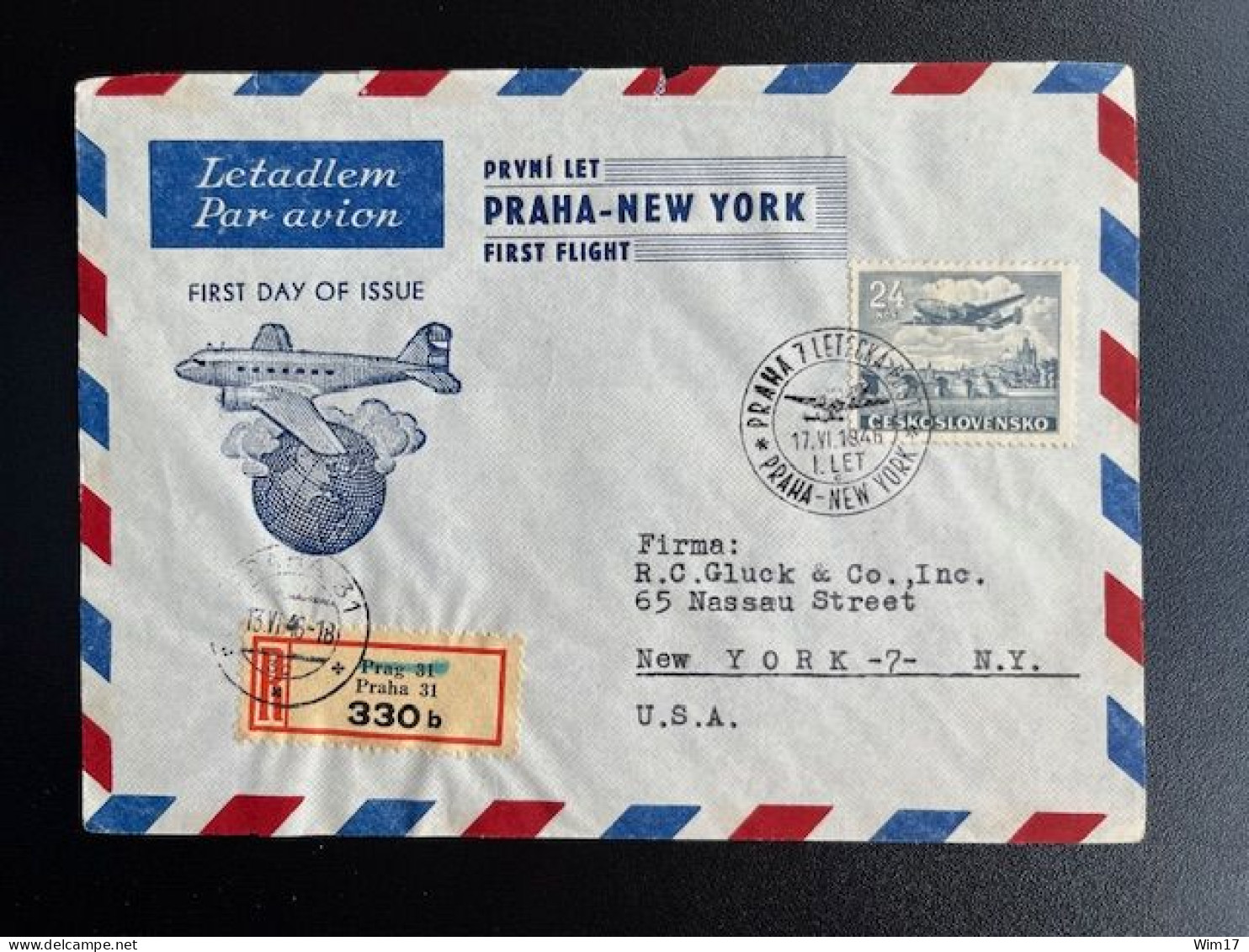 CZECHOSLOVAKIA 1946 REGISTERED FIRST FLIGHT COVER PRAHA PRAGUE TO NEW YORK 17-06-1946 CESKOSLOVENSKO EINSCHREIBEN - Lettres & Documents