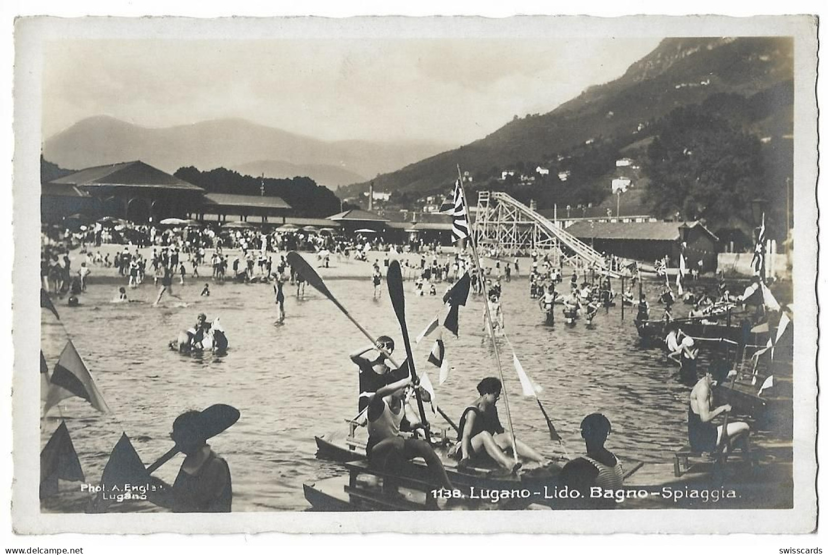 LUGANO: Bagno-Spiaggia, Belebte Foto-AK ~1930 - Lugano