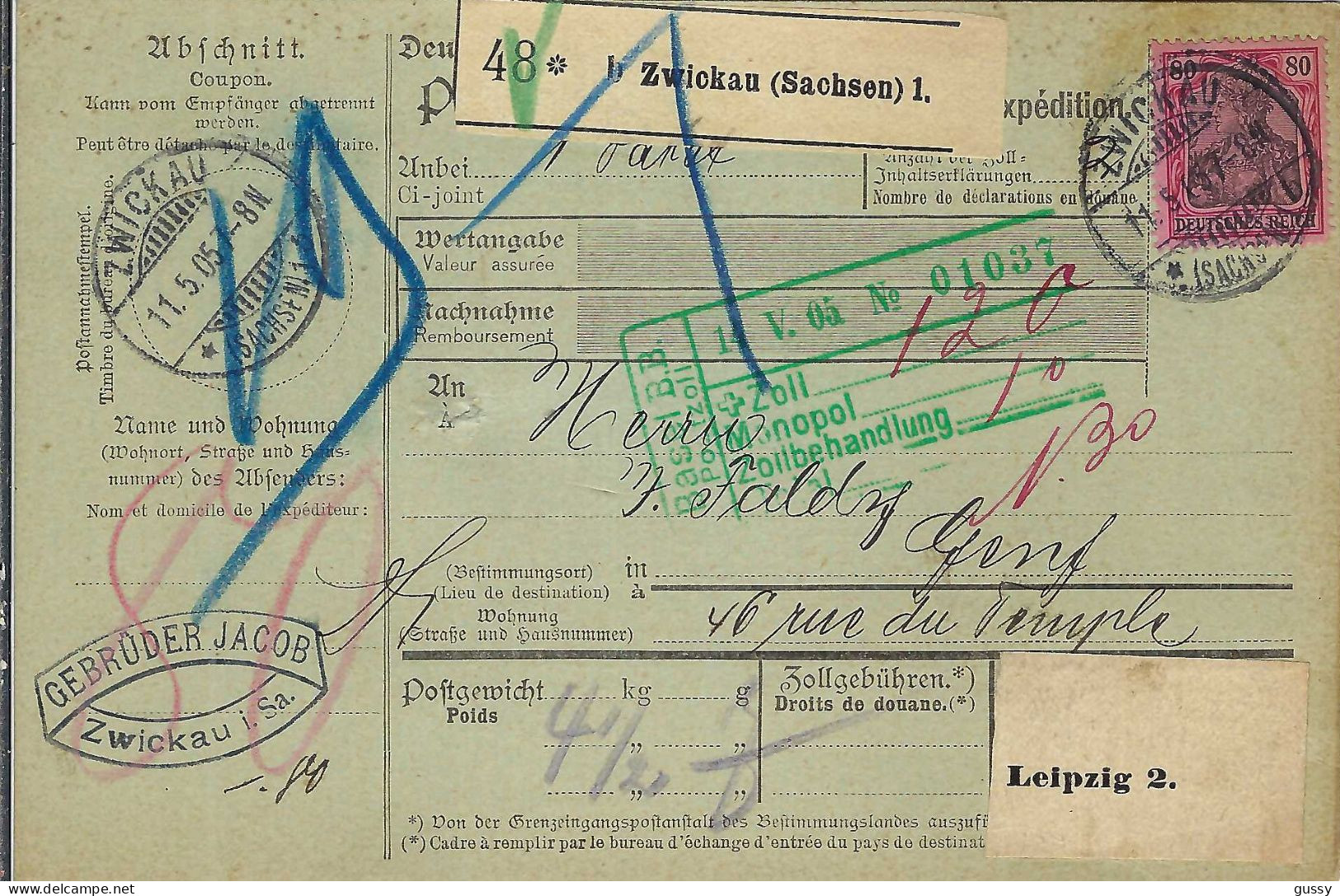 ALLEMAGNE Ca.1905: Bulletin D'Expédition De Zwickau Pour Genève (Suisse) - Brieven En Documenten