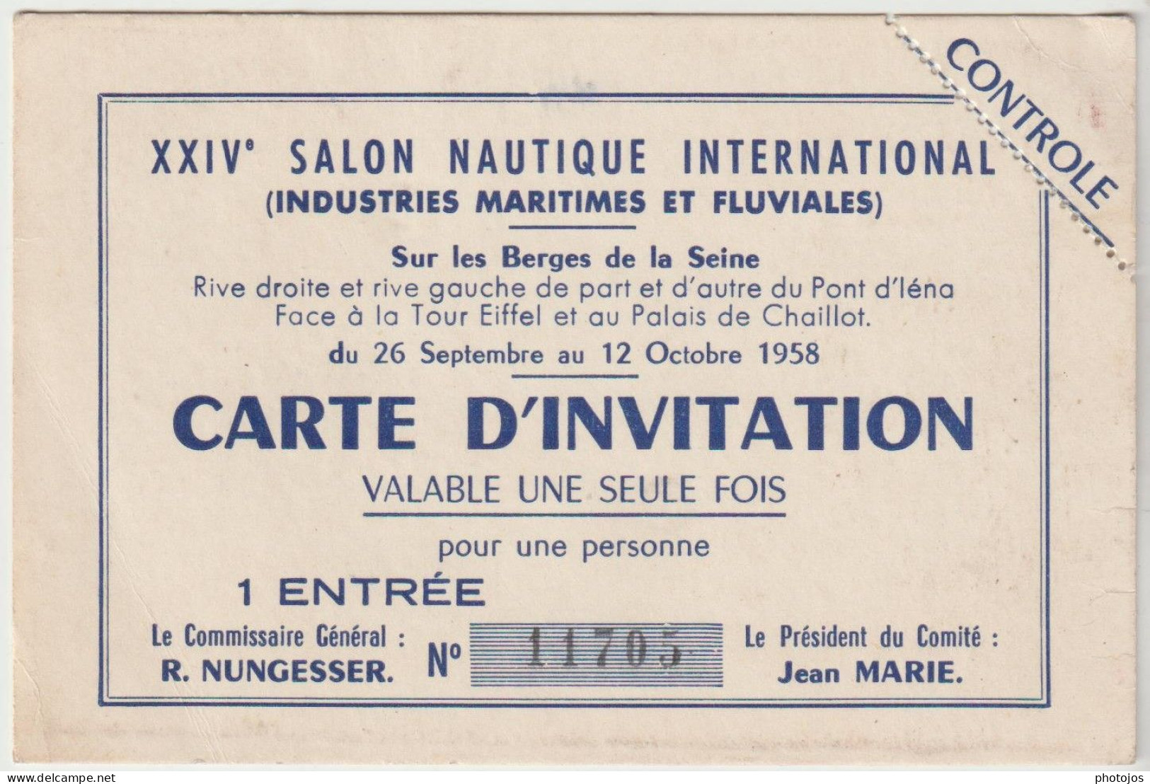 Carte D'invitation Salon Nautique  1958 Paris Berges De La Seine   Industries Maritimes Et Fluviales - Toegangskaarten