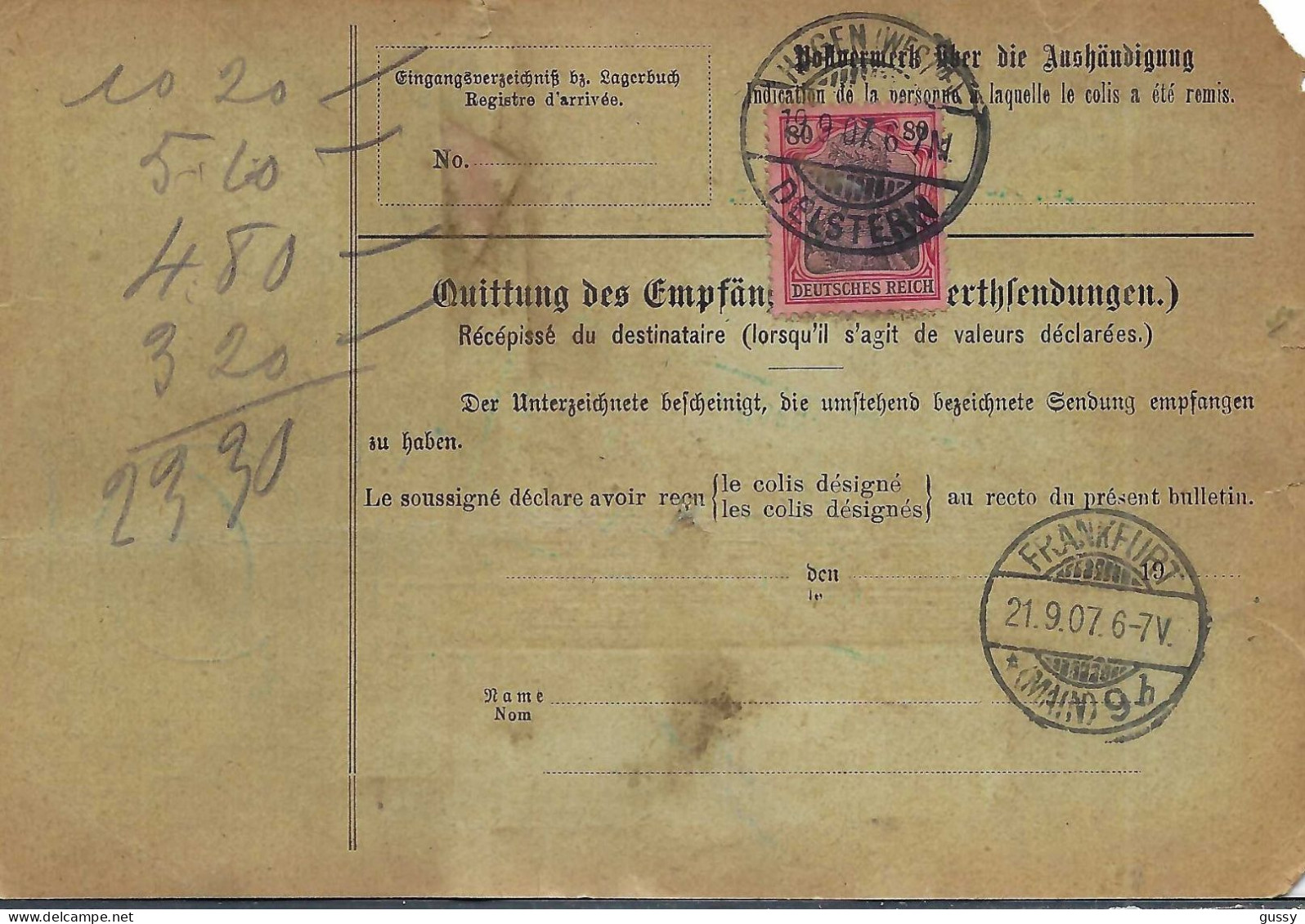 ALLEMAGNE Ca.1907: Bulletin D'Expédition De Hagen Pour Genève (Suisse) - Covers & Documents