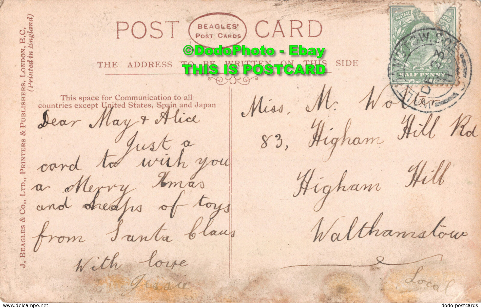 R449383 915. D. Merry Xmas. J. B. Beagles. 1911. Greeting Card. Postcard - Wereld