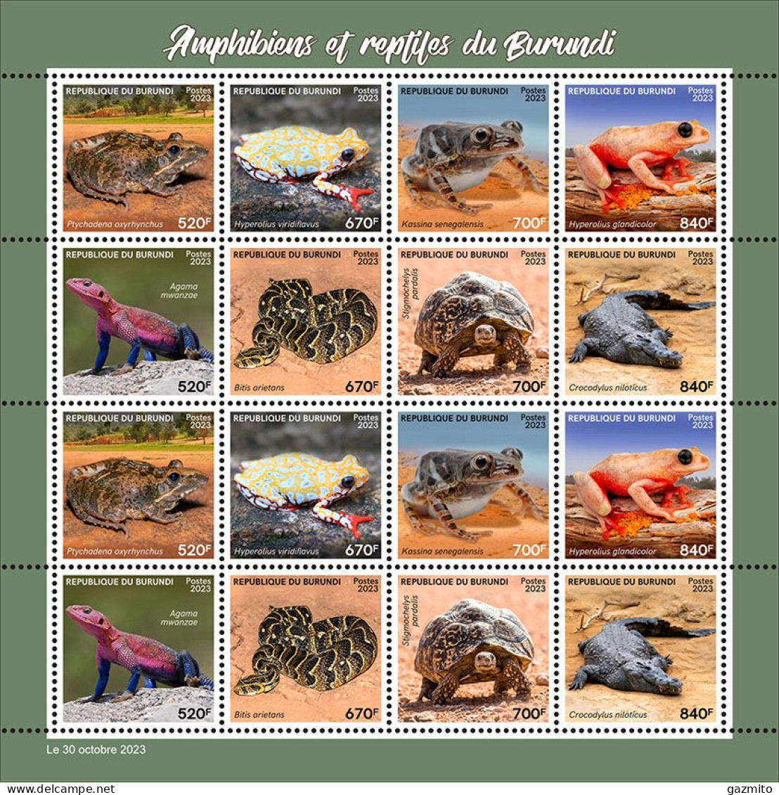 Burundi 2023,Anphibius, Frogs, Turtrle, Snake, Crocodile, Sheetlet - Neufs