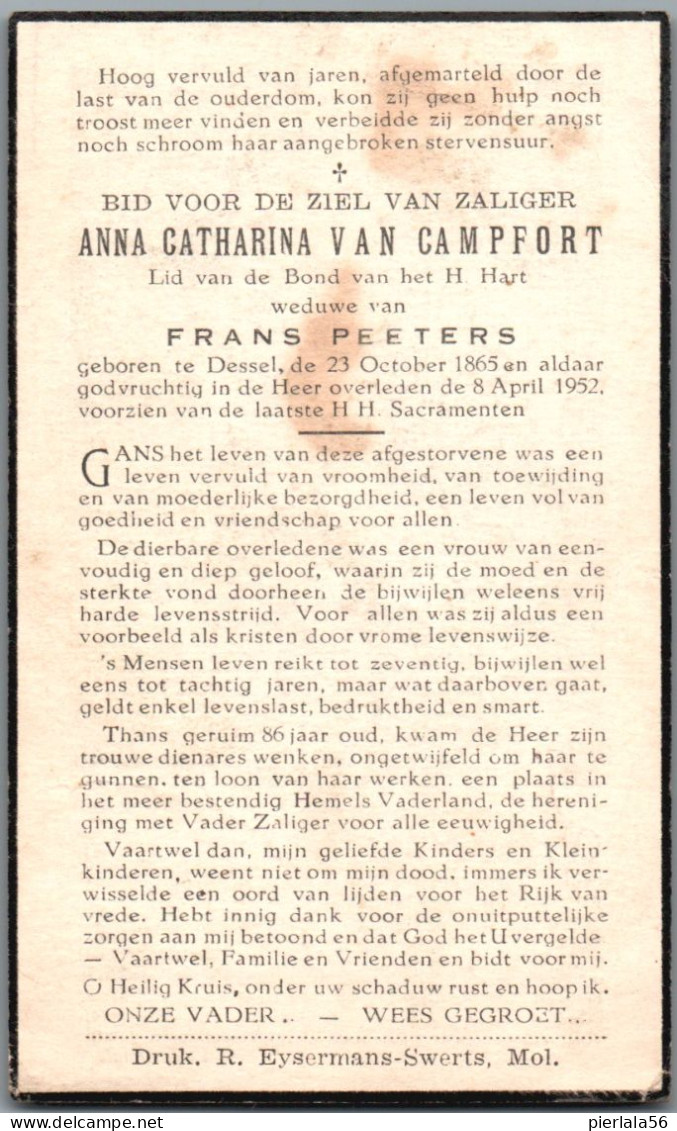 Bidprentje Dessel - Van Campfort Anna Catharina (1865-1952) - Devotieprenten