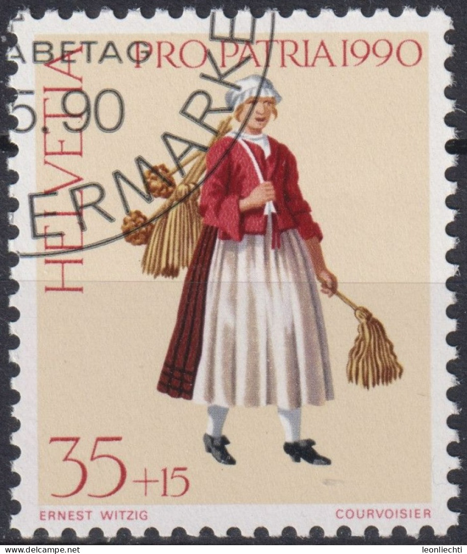 1990 Schweiz Pro Patria, Ausrufbilder, Fliegenwedel-Händlerin, ⵙ Zum:CH B227, Mi:CH 1417, Yt: CH 1343 - Used Stamps