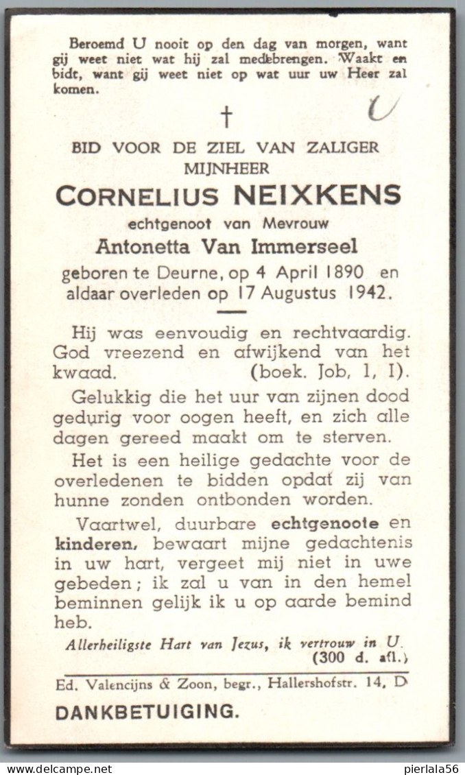 Bidprentje Deurne - Neixkens Cornelius (1890-1942) - Devotion Images