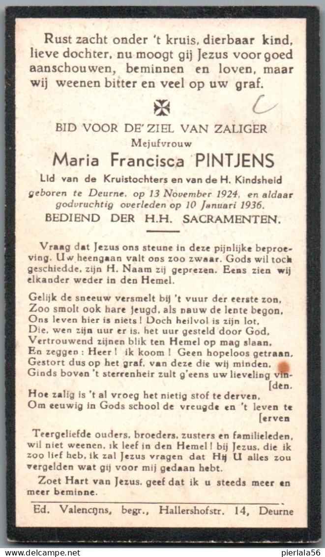 Bidprentje Deurne - Pintjens Maria Francisca (1924-1936) - Andachtsbilder