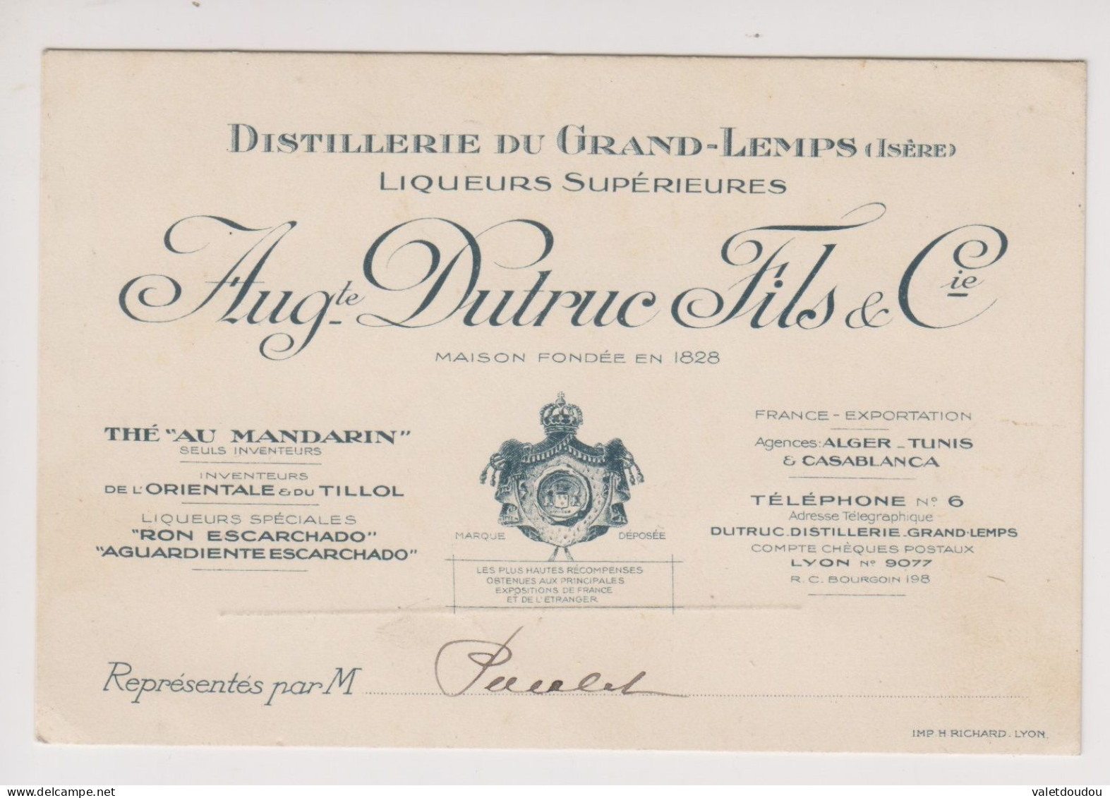 Carte De Visite Auguste Dutruc Fils & Cie .Distillerie Du Grand-Lemps. - Visitekaartjes