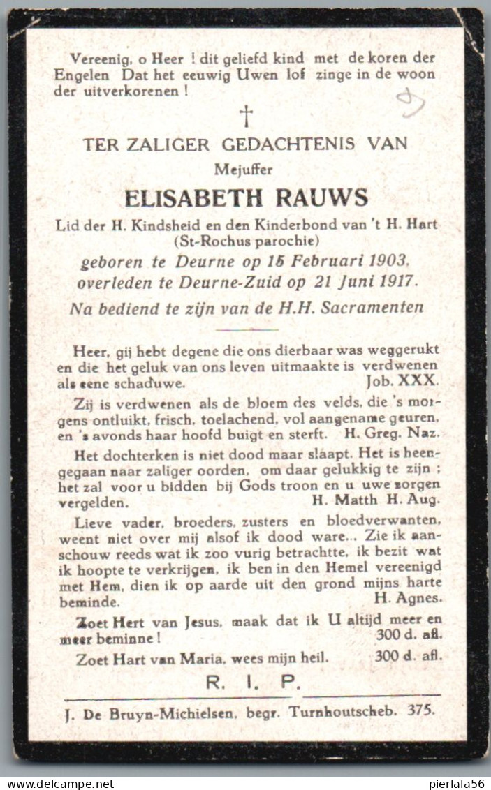 Bidprentje Deurne - Rauws Elisabeth (1903-1917) - Images Religieuses