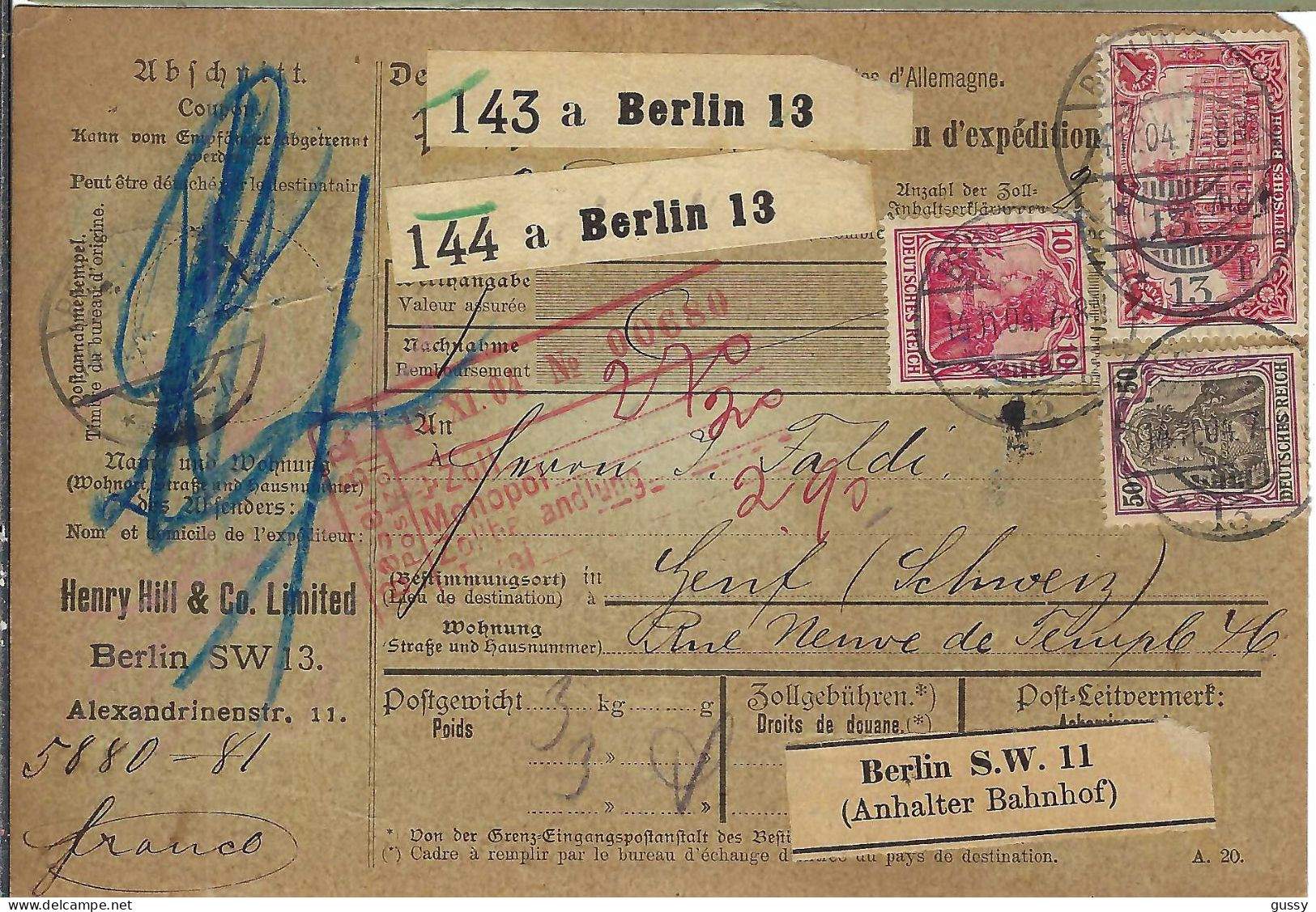 ALLEMAGNE Ca.1904: Bulletin D'Expédition De Berlin Pour Genève (Suisse) - Brieven En Documenten