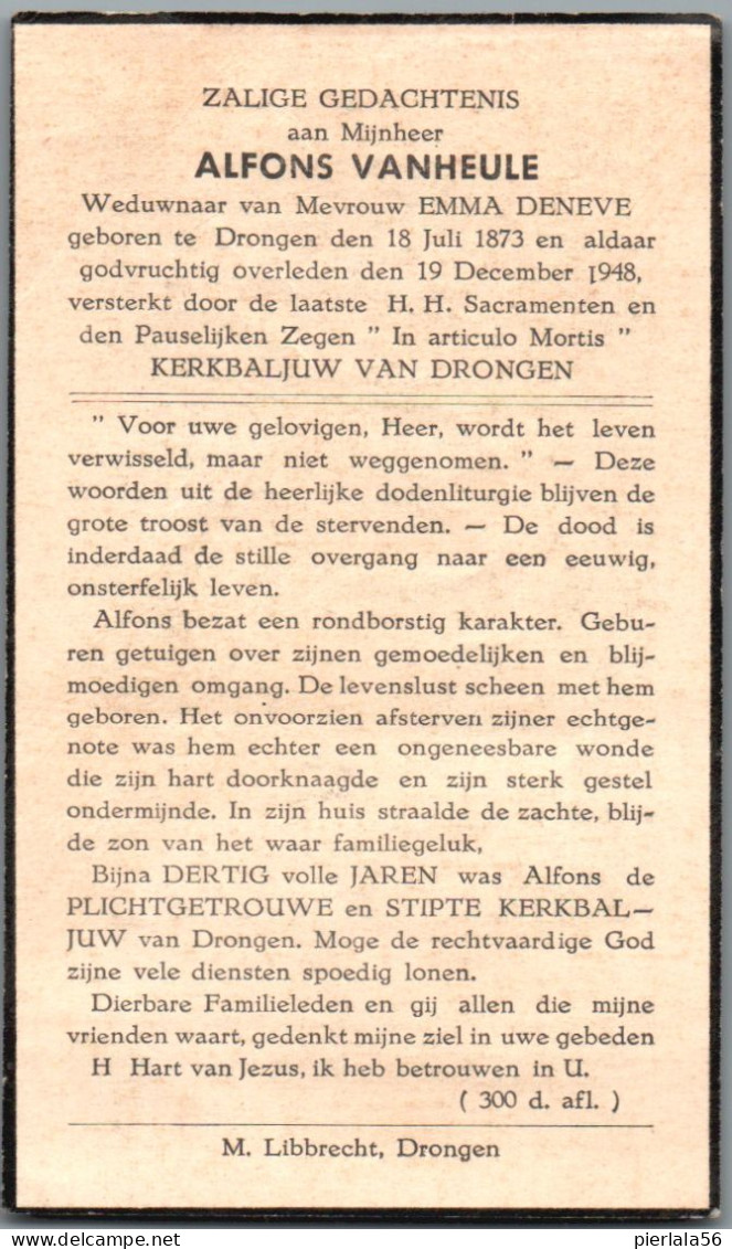 Bidprentje Drongen - Vanheule Alfons (1873-1948) - Images Religieuses