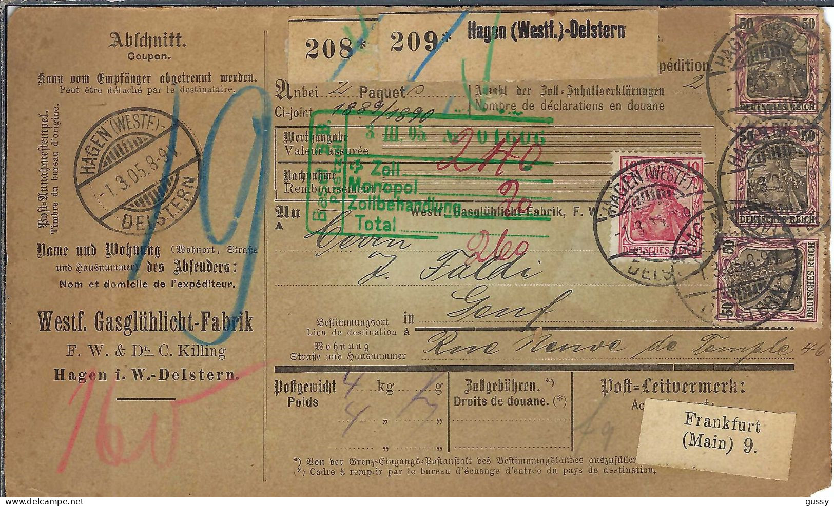 ALLEMAGNE Ca.1905: Bulletin D'Expédition De Hagen Pour Genève (Suisse) - Brieven En Documenten